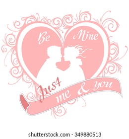 doodles heart with couple in light colors. Valentines day love pink background. Be mine vector illustration
