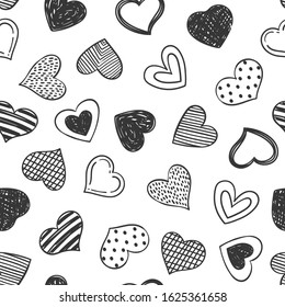 Doodles hearts seamless pattern. Hand drawn sketchy romantic monochrome background for Valentines Day design, wrapping papper, textile print.