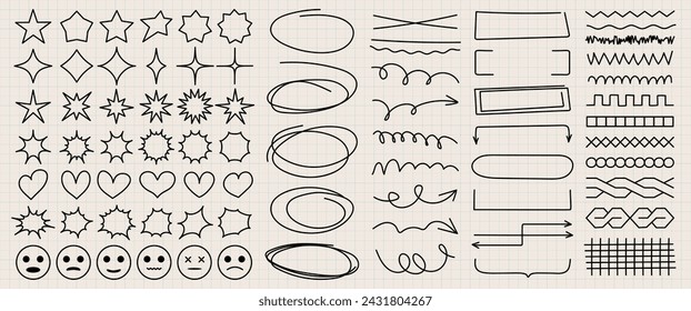 Doodles highlight the strokes for notes in a notebook. Hand drawn collection of various line shapes elements on a checkered sheet. Modern vector brush strokes, pen, pencil.