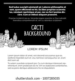 Doodles home plants cactus in pots and cups. Vector linear cactuses and succulents with spines. There is copy space for text on black and white areas. Can be used to colouring book for adults.