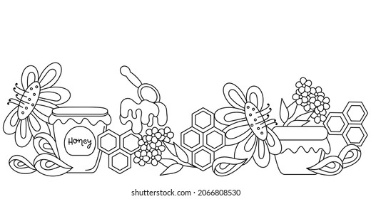 Doodles Honey horizontal border. Beekeeping, apiary. Line art vector illustration. Black and white design. Copy space for text