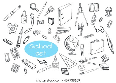 Doodles icon school and office supplies. Back to school set. Editable Vector illustration on white background.