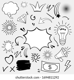 doodles icons set. Vector illustration. speech, crown, arrows, stars, starburst, lamp, idea, love, money, etc.