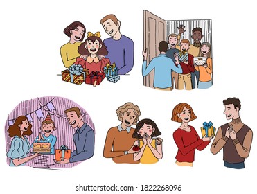 Doodles illustrations set of different groups of people with gifts. Concept of accept or give present, holiday. Hand drawn vector collection. Colored drawings isolated on white for design, card, logo.