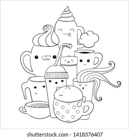 Doodles kawaii cups, different shapes and forms. Cute cat inside a coffee cup. Easy  to change color. Doodle art for coloring, print.