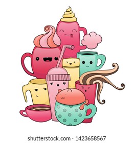 Doodles kawaii cups, different shapes and forms. Cute cat inside a coffee cup. Colorful illustration with beverages.