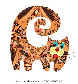 Doodles kitty on brown, white and orange colors. Seamless pattern background. Design wrapping and gift paper, greeting cards, banner and posters design. Vector design. Watercolor, hand drawn. - stock.
