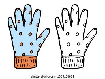 Doodles of knitted glove. Hand drawn vector illustration. Cartoon vintage sketch of winter clothes. Set of black contour and color elements isolated on white. For design, decor, print, card, sticker.