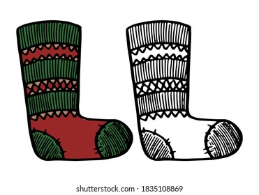 Doodles of knitted sock. Hand drawn vector illustration. Cartoon vintage sketch of winter clothes. Set of black contour and color elements isolated on white. For design, decor, prints, card, sticker.
