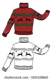 Doodles of knitted sweater with deer. Hand drawn vector illustration. Cartoon vintage sketch. Set of black contour and color elements isolated on white. For winter design, decor, print, card, sticker.