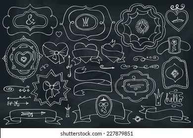 Doodles labels,badges,arrow,hearts,crown,love decor elements set on chalkboard.For design templates,invitations. For weddings,Valentine's day,holidays,baby design,birthday.Vector