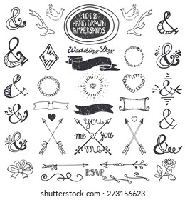 Doodles lettering ampersands,catchwords,arrows,wedding romantic decorative elements set.Vintage Hand drawing style,sketchy vector.Weddings,Valentines day,holidays,birthday,design templates,invitations