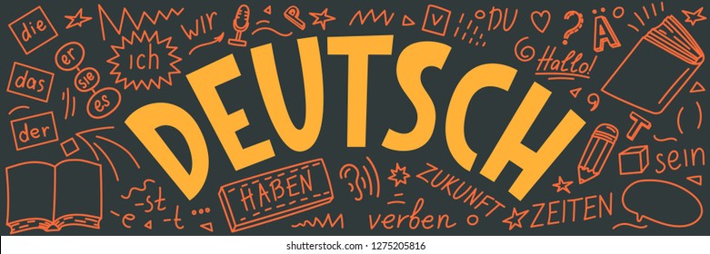 Doodles and lettering. Deutsch. Der, die, das, er, sie, es, ich, haben, zeiten, sein, zukunft, hallo, verben, du. Translation: "German. the, he, she, it, me, have, times, be, future, hello, verb, you"