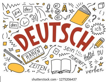 Doodles und Schriften. Deutsch. Der, die, das, das, er, sie, es, ich, haben, Stunden, sein, zukunft, hallo, verben, du. Übersetzung: "Deutsch. die, er, sie, es, ich, haben, manchmal, sein, Zukunft, hallo, verb, du"