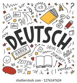 Doodles and lettering. Deutsch. Der, die, das, er, sie, es, ich, haben, zeiten, sein, zukunft, hallo, verben, du. Translation: "German. the, he, she, it, me, have, times, be, future, hello, verb, you"