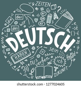 Doodles und Schriften. Deutsch. Der, die, das, das, er, sie, es, ich, haben, Stunden, sein, zukunft, hallo, verben, du. Übersetzung: "Deutsch. die, er, sie, es, ich, haben, manchmal, sein, Zukunft, hallo, verb, du"