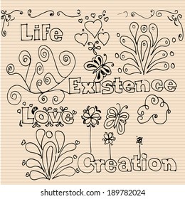 doodles of life with text and vintage organic and geometric figures on notebook sheet of horizontal lines