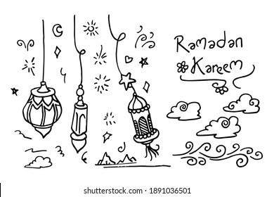 Doodles line art of ramadan kareem greeting card concept. Vector illustration.