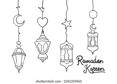 Doodles line art of ramadan kareem greeting card concept. Vector illustration.