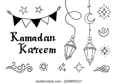 Doodles line art of ramadan kareem greeting card concept. Vector illustration.