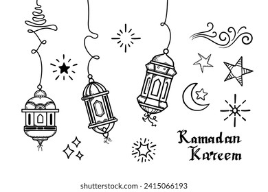 Doodles line art of ramadan kareem greeting card concept. Vector illustration.