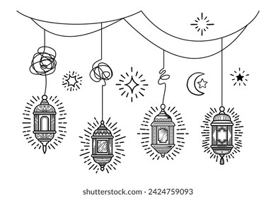 Doodles line art of ramadan kareem greeting card concept.