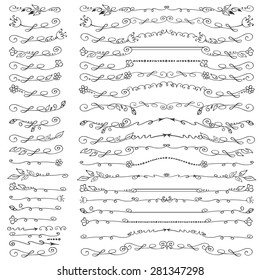 Doodles linear border,dividers,brushes,flourish decor  set.For design templates,invitations,menu.Vintage Hand drawing .For weddings,Valentines day,holidays,birthday.Vector