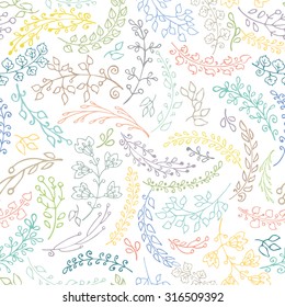 Doodles linear branches, laurels in seamless pattern.Hand drawing decor elements.For greeting cards,Easter,birthday ,wedding invitation ,ornament background,textile,wallpaper.Retro vector illustration