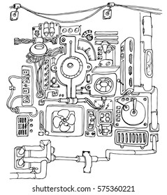 Doodles Maschinelle Mechanik, handgezeichnet Kontur auf weißem Hintergrund für Kinderfarben. Steampunk Illustration von mehreren Elementen durch Kabel und Rohre verbunden. Für erwachsene Anti-Stress-Farbbücher 