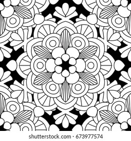 Doodles mandala seamless pattern. Adult coloring page. Black and white floral elements. Repeat pattern background. Hand drawn vector illustration.