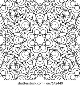 Doodles mandalas ornament seamless pattern. Adult coloring page. Black and white floral elements. Repeat pattern background. Hand drawn vector illustration.
