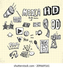 Doodles Medios de comunicación en papel, dibujo de Vector