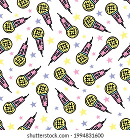 Doodles microphone with stars seamless pattern. Music lover design for clothes, room decor, paper, cover, fabrics and more