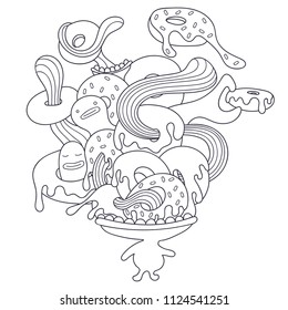 Doodles monsters eat donut. Lots of donuts in the mouth of cute little man with big head. Possibility to easily change colors for your design. Vector illustration.