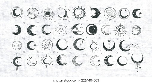 Doodles with the moon on old paper background. Crescent moon collection. Vector sketch illustration