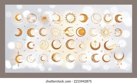 Doodles with the moon on white glowing background. Crescent moon collection. Vector sketch illustration