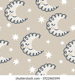 Doodles Moon and stars seamless pattern in  pastel colors. Kids texture for fabric, wrapping, textile, wallpaper, apparel.