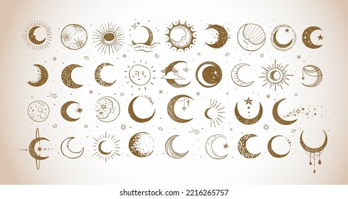 Doodles with the moon in vintage style. Crescent moon collection. Vector sketch illustration