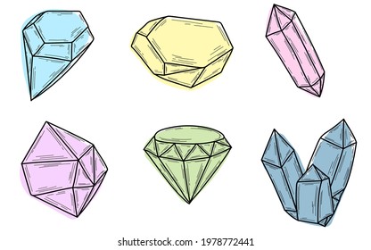 Conjunto de líneas aisladas de cristales multicolores Doodles. Ilustraciones vectoriales dibujadas a mano. Esbozo para un tatuaje.
