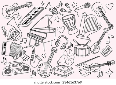 Doodles of music instrument. Freehand vector drawing isolated on white background. devices and symbols. 