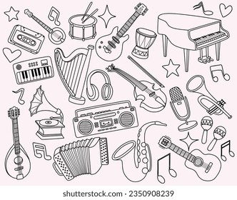 Doodles of music instrument. Freehand vector drawing isolated on white background. devices and symbols. 