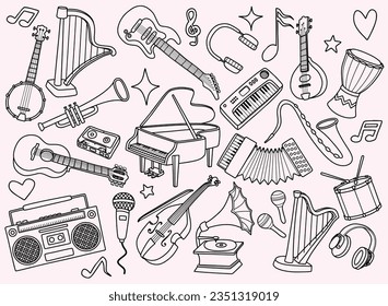  Doodles de instrumentos musicales. Dibujo vectorial de mano libre aislado en fondo blanco. dispositivos y símbolos. 