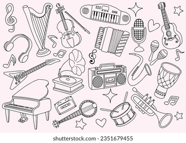 Doodles of music instrument. Freehand vector drawing isolated on white background. devices and symbols. 