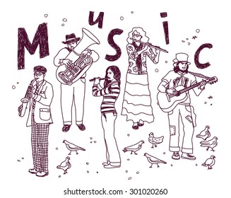 Doodles musicians figures in full height separated on white. Ink vector illustration. EPS 8
