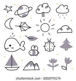 Doodles of nature in a linear style.star, planet, tree, sun, moon, leaf, cloud, dolphin, fish, bee, Christmas tree, flowers, yacht, ship.