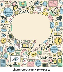 doodles network icons texture in talk bubble shape composition background.