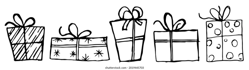 Doodles are New Year's or Christmas gifts, isolated on a white background. Silhouettes of wrapped gift boxes