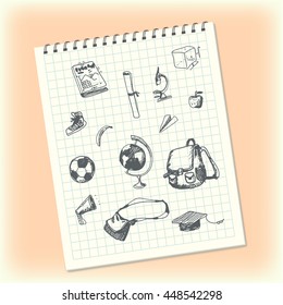 Doodles in a notebook. Hand drawn school objects. Schoolbag, apple, banana, globe, square academic cap, microscope, ball, book, gym shoes. Gray pencil, lined paper.