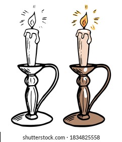 Doodles of old candlestick. Hand drawn vector illustration. Realistic vintage sketches. Set of black contour and color elements isolated on white. For design, decor, print, card, sticker, poster, logo
