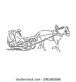 Doodles of old sleigh. Hand drawn vector illustration. Realistic vintage sketches. Set of black contour and color elements isolated on white. For winter design, decor, prints, cards, stickers, poster.